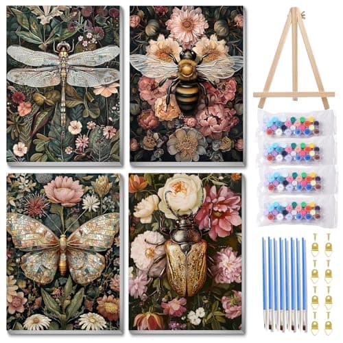 4 Pack Paint by Numbers Kit for Adults with Wooden Frames, Dragonfly Butterfly Bee Bettle Paint by Number for Adults Beginners, Paint by Numbers on Canvas Acrylic for Home Wall Art Decor 9.8x13.7 Inch