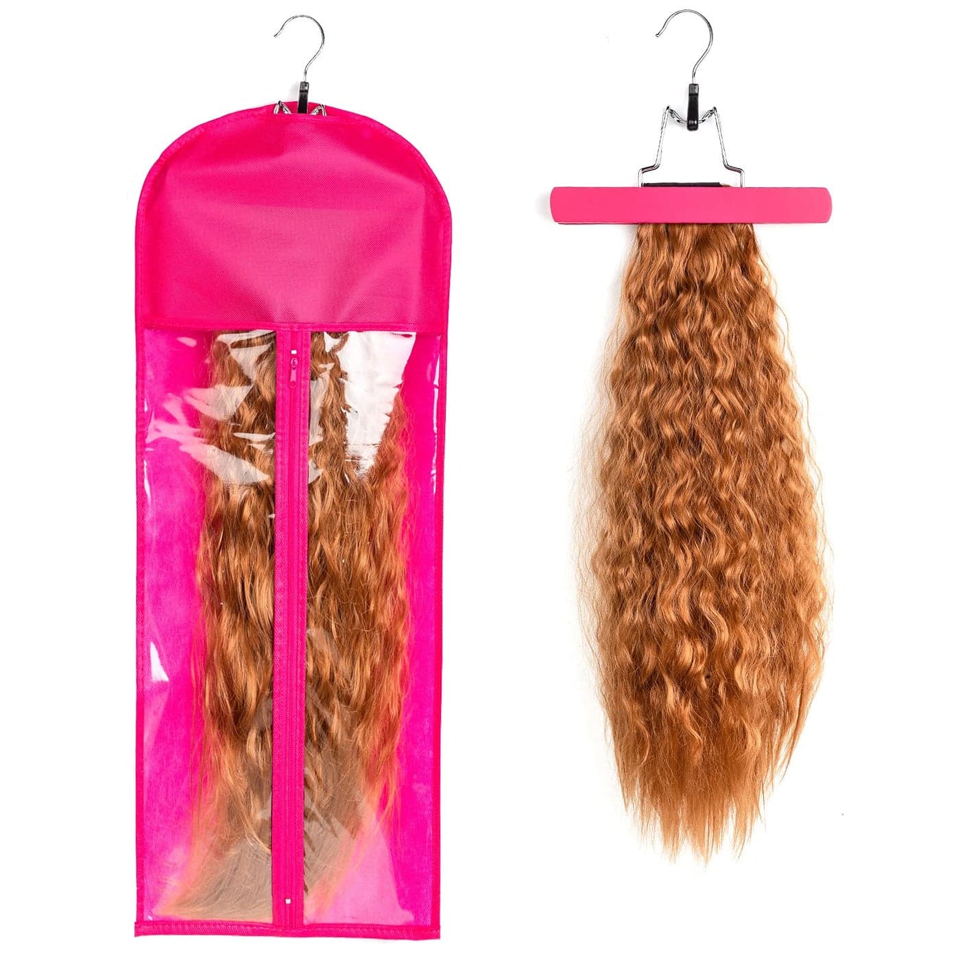 1 Pack Extra Long Hair Extension Holder Wig Storage Bag with Hanger Hairpieces Ponytail Bundles Storage Carrier Case for Store Style Hair Travel Hair Extensions Bag Pink Color