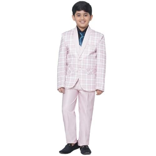 AJ DEZINES Kids 5 Piece Checkered Cotton Blend Pink Coat Pant Suit Set for Boys (DUP_805-Light-PINK-2)