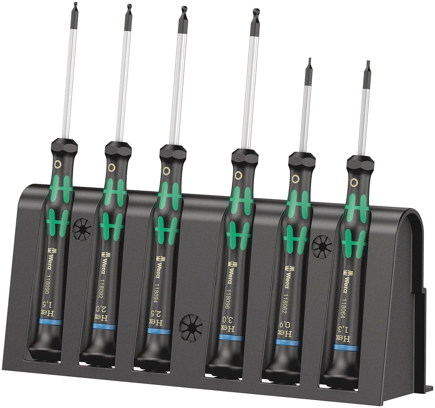 Wera - 5118156001 2052/6 Kraftform Micro Ballhead Hexagon Electronics Screwdriver Set and Rack, 6-Piece