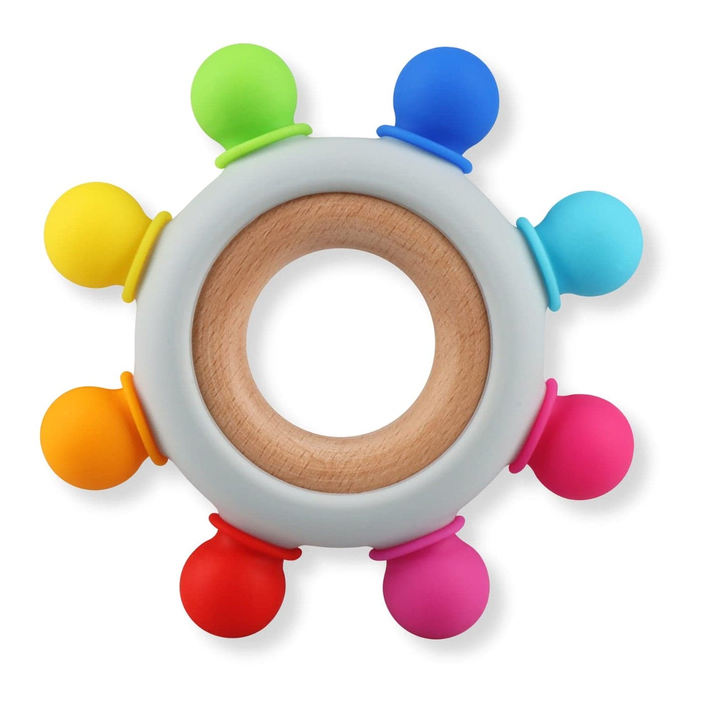 Baby Teething Toys Silicone Chewable Teethers with Wooden Ring for Soothing Babies Gums Rudder Chewers Shower Gift for lnfants Toddlers 3 Months 8 Directions Rainbow