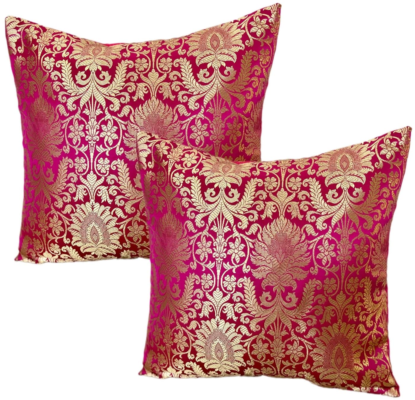 Pilovilo Brocade Set of 2 Pink Banarasi Silk Cushion Covers Festive Size 16"x16" with Silk Back (Pink Banarasi, Set of 2, Regular Size)