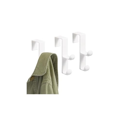 iDesign Over the Door Plastic Dual Hook Hanger for Coats, Jackets, Hats, Robes, Towels, Ideal for Bathroom, Bedroom, Mudroom, Set of 3, White