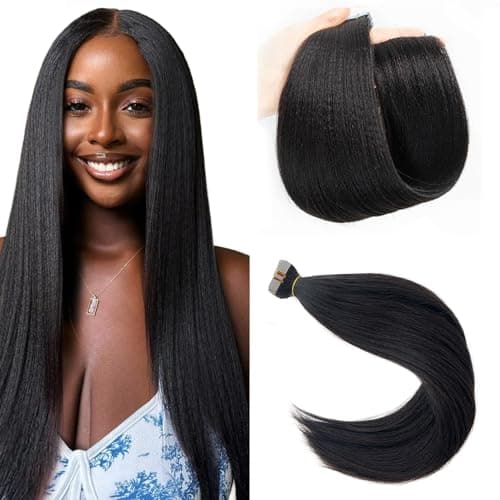 Tape in Hair Extensions Human Hair Yaki Straight Real Human Hair Tape ins for Black Women 12 Inch Yaki Tape in Remy Hair Extensions Natural Color 50grams 20pcs