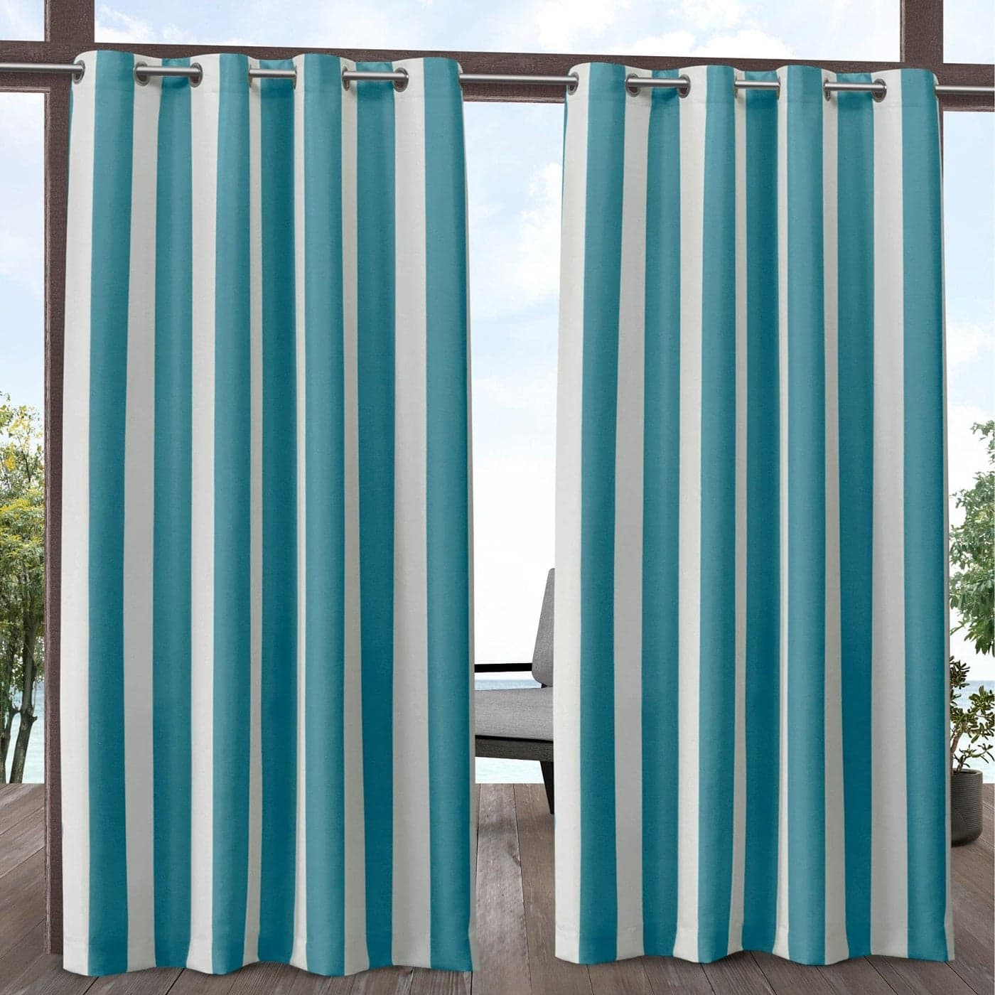 Exclusive Home Canopy Stripe IndoorOutdoor Grommet Top Curtain Panel 54x96 Teal White Set of 2