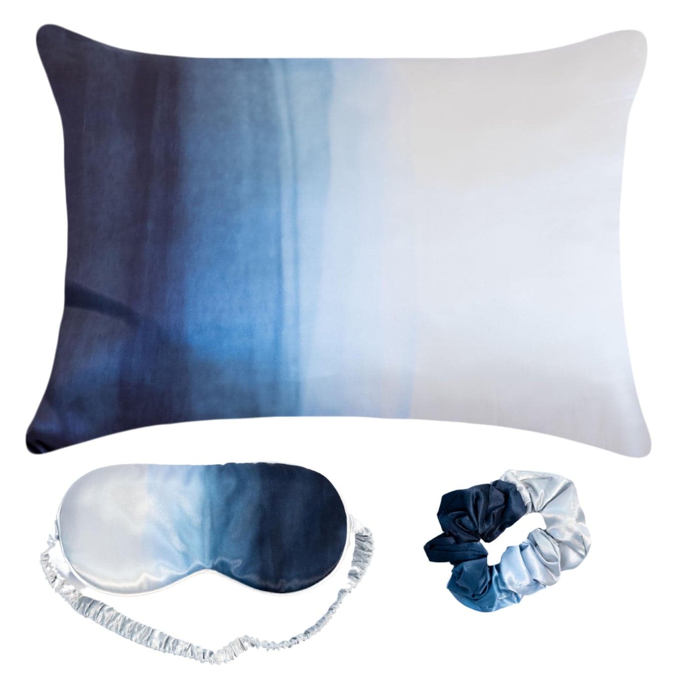 Fenrici Luxury Satin Pillowcase Gift Set Includes Eye Mask Scrunchie Pure Vegan Silk for Hair Skin Care Elegant Blue Ombre Design Standard Size Gift for Mom Daughter Girlfriend