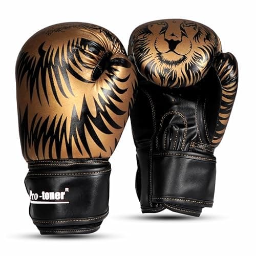 Pro-Toner Boxing Gloves, Red and Black Tiger Print Design, Faux Leather, for Men and Women (Golden/Black, 12 oz)