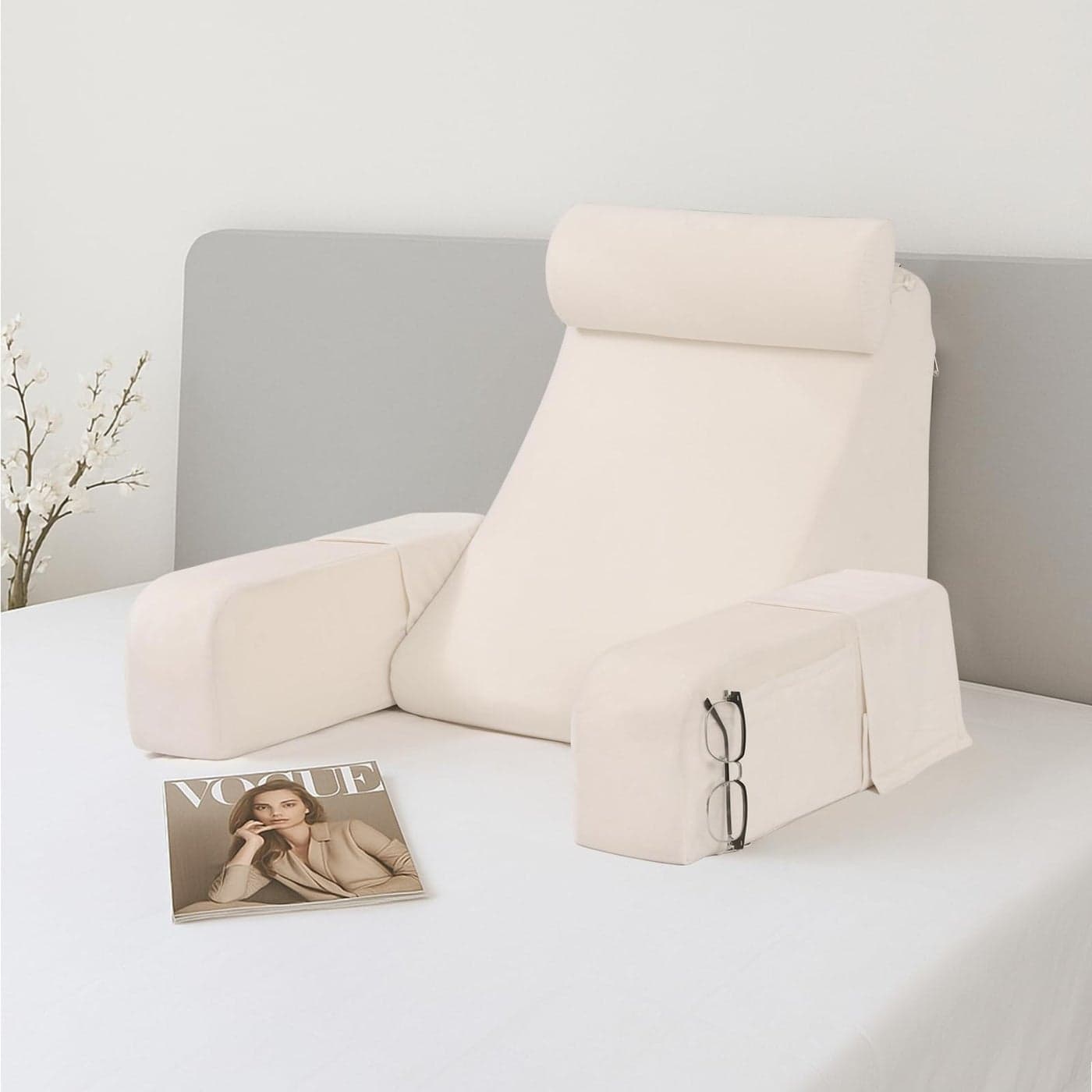 ENITYA 19 Back Pillow for Bed Sitting up Big Pockets and Washable Removable Cover Reading Chair for Watching TVReadingGamingResting in Bed Couch or Floor MediumIvory