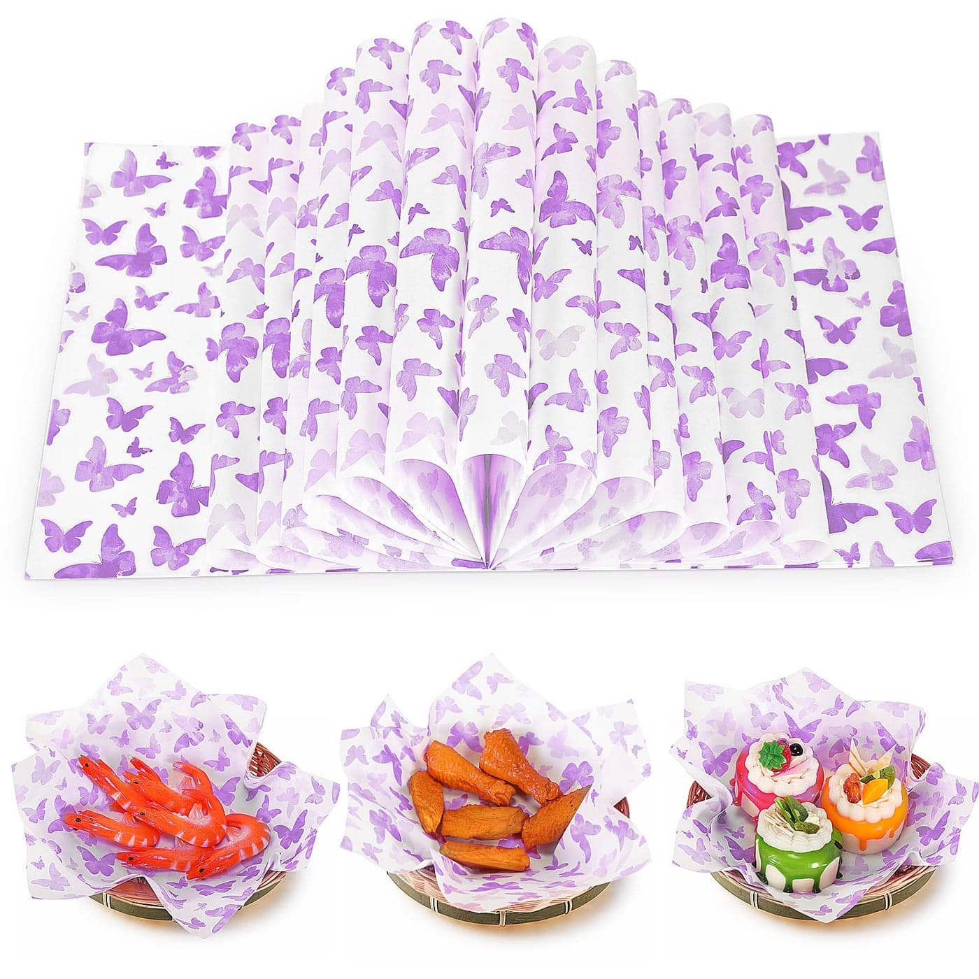150 Pcs Wax Paper Sheets for Food Butterfly Deli Baking Wrapping Wax Paper Sheets Greaseproof Printed Picnic Wrap Tissue for Hamburger Basket Sandwich Holiday Birthday Party DessertPurple