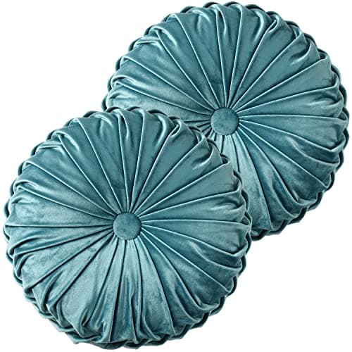 HIG Set of 2 Teal Ruched Velvet Round Throw Pillows 145 Decorative Pillows with Soft Polyester Filling for Couch Bed Living Room Bedroom or Dorm Handmade Stress Relieving AllSeason