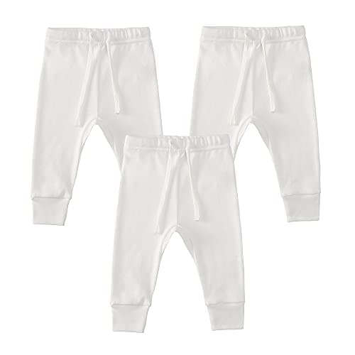 Owlivia Organic Cotton Baby Boy Girl 3-Pack Wiggle Pants Jogging Pants (3pack Off-White, 0-3Months)