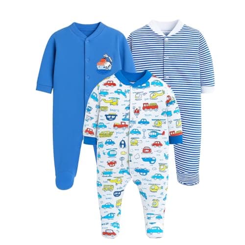 EIO 100% Cotton Sleep Romper Sleepsuits Jumpsuit Night Suits for Infants Newborn Baby Boys & Girls Pack of 3 (0-3 Months, Royal Blue)