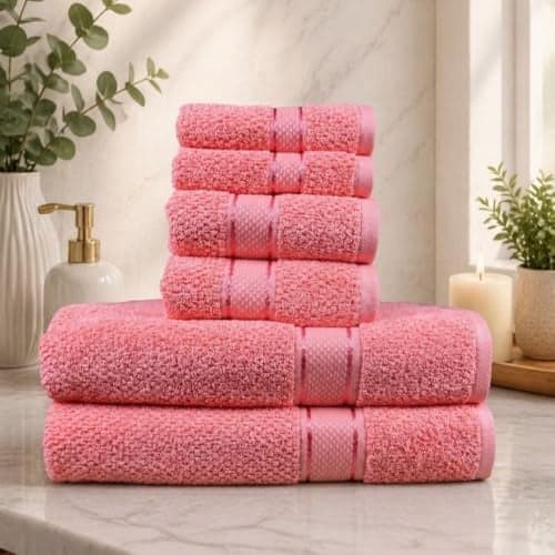 SENSES by Riba Textured Rice Weave Cotton Towels Set (6 Pieces, 550 GSM, Bright Pink) | Bath Towel Combo - 2 Bath, 2 Hand & 2 Wash Towels | Antimicrobial, Soft, Absorbent ideal for Daily Use & Gifting
