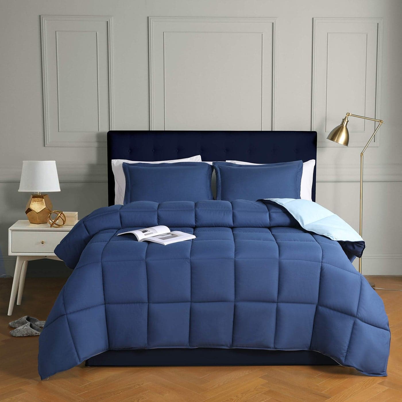 HIG 3pc Down Alternative Comforter Set All Season Reversible Comforter with Two Shams Quilted Duvet Insert with Corner Tabs Box Stitched Breathable Soft FullQueen NavyLight Blue