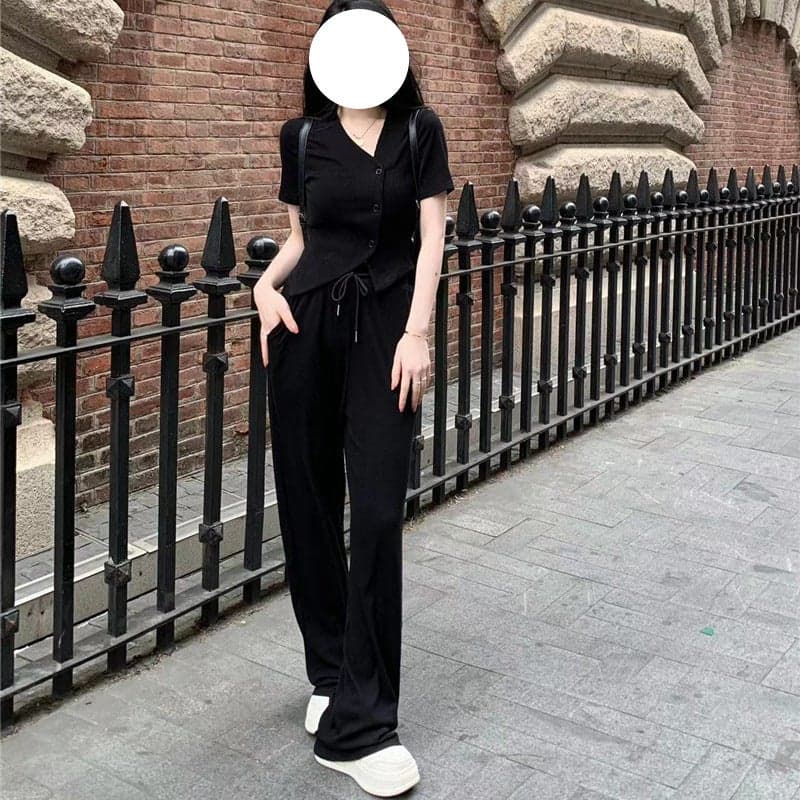 Sweet And Spicy Elegant Suit For Women Slim Asymmetrical V Neck Short-Sleeved Cardigan + Casual Wide-Leg Pants Two-Piece Set