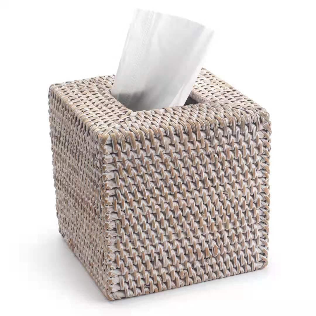 Rattan Tissue Box Cover Square Hand Woven Wicker Tissue Holder 55 x 55 X 57 inch Whitewash