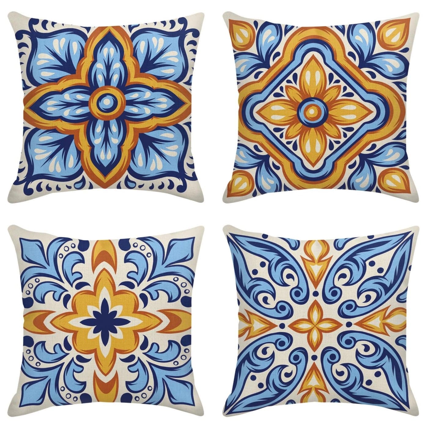 Sanwarm Throw Pillow Covers Home Decor Set of 4 Italian Mexican Ceramic Talavera Pillow Cases Decorative 18 x 18 Inches Outdoor Cushion Couch Sofa Pillowcases