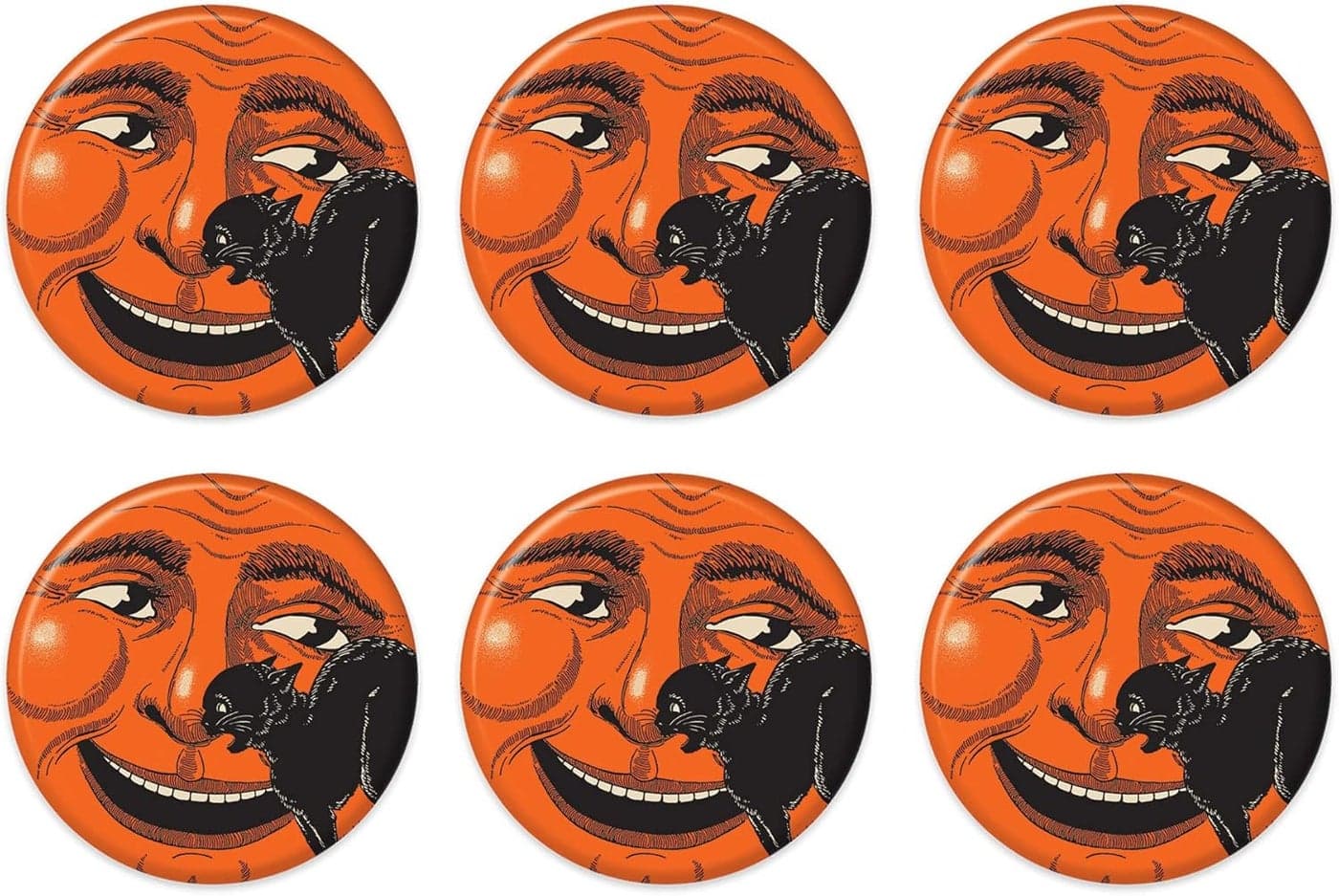 Beistle 6 Piece Vintage Halloween Party Supplies Cat Moon Pinback Button Pins 2 OrangeBlack