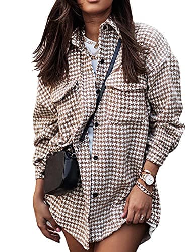 Yimoon Plaid Jacket Women Casual Houndstooth Jacket Flannel Shacket Loose Long Sleeve Shirt Button Down Shacket With Pockets(Khaki-L)
