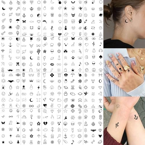 JOEHAPY 28 Sheets 504 PCS Tiny Small Temporary Tattoos For Women Men Finger Hands, Cartoon Bohemia Fake Tattoo Stickers For Kids Boys Girls, Bulk Cute Black Long Lasting Vintage Tatoos Neck Cholo