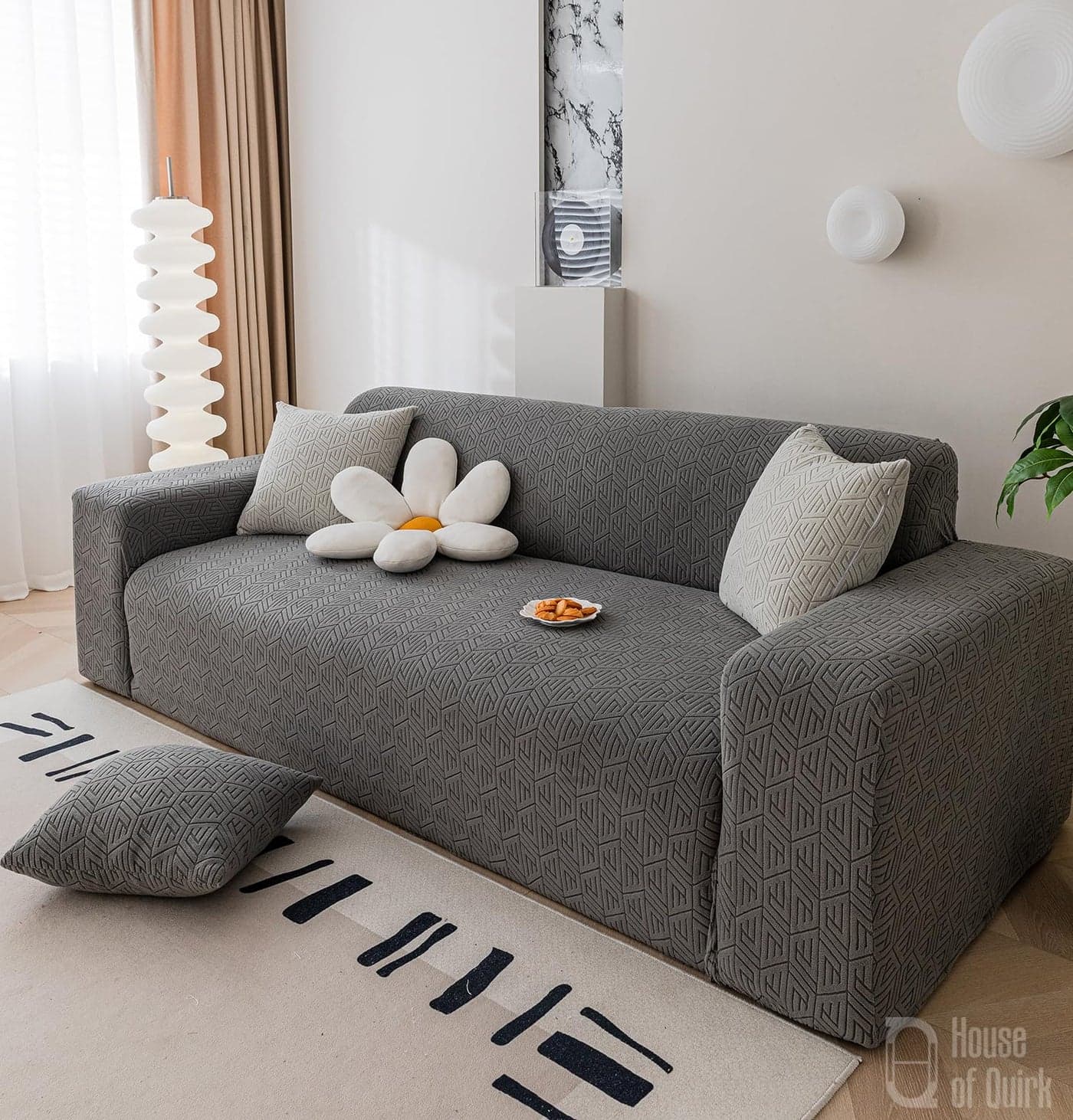 House of Quirk Universal Double Seater 220 GSM Jacquard Grain Texture Fabric Sofa Cover Soft Touching Cover for Couch Flexible Stretch Sofa Slipcover (Charcoal, 145-185cm)