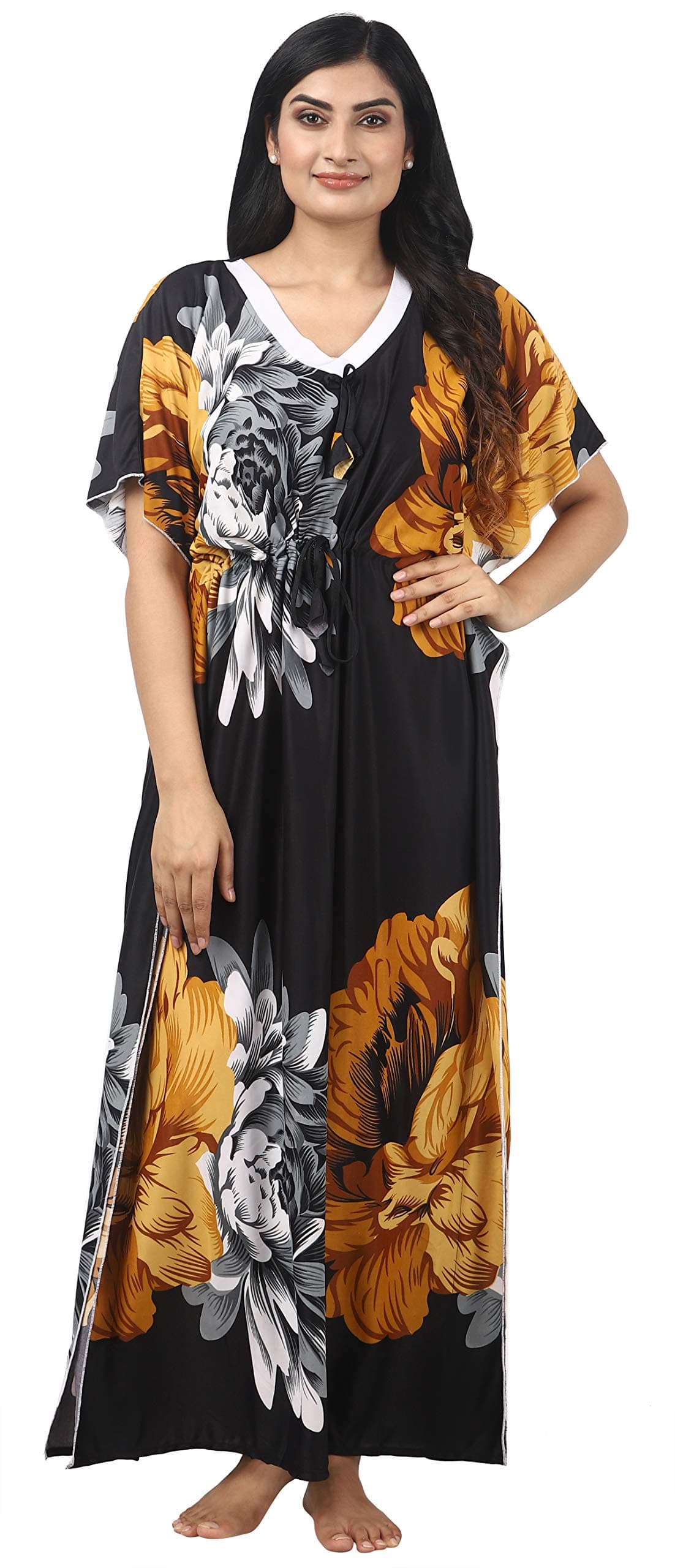 Noty Women's Kaftan Nighty | Serena Fabric | Floral Print Maxi | Short Sleeves | V Shaped Neck (XXXX-Large, Mustard & Black)