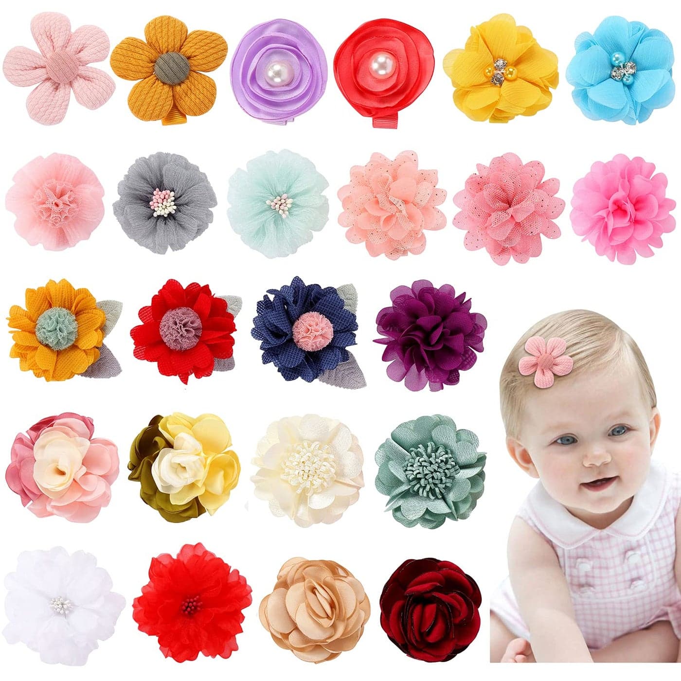 Cinaci 24 Pack Colorful Chiffon Rose Daisy Flower Hair Bows Fully Lined Alligator Hair Clips Handmade Soft Floral Small Hair Barrette Hair Pin Accessories for Baby Girls Newborns Infants Toddlers Kids