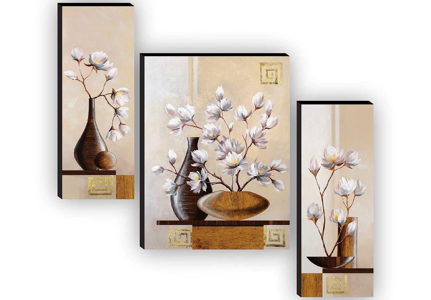 SAF paintings Set of 3 Flower Pot Paintings for living room with frame Self Adeshive UV Textured MDF Framed Painting 12 Inch X 18 Inch SAF-JM7722