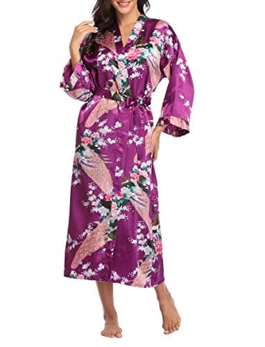 Vogue Bridal Womens Floral Kimono Robe Silk Robes Bride Bridesmaid Satin Robes Bridal Dressing Gown Silky Bathrobe, Aubergine-1, Small
