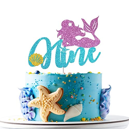 Festiko®Mermaid Nine Cake Topper, Happy 9th Birthday Cake Decor, I'm Nine Sign, Little Mermaid Birthday Party Decoration Supplies, Daughter of The Sea, Under The Sea Themed, Ocean Themed - Glitter