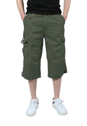 iMackky Men's 3/4 Cargo Shorts Elastic Below Knee Capri Long Shorts Casual Loose Fit with 7 Pockets Green 38