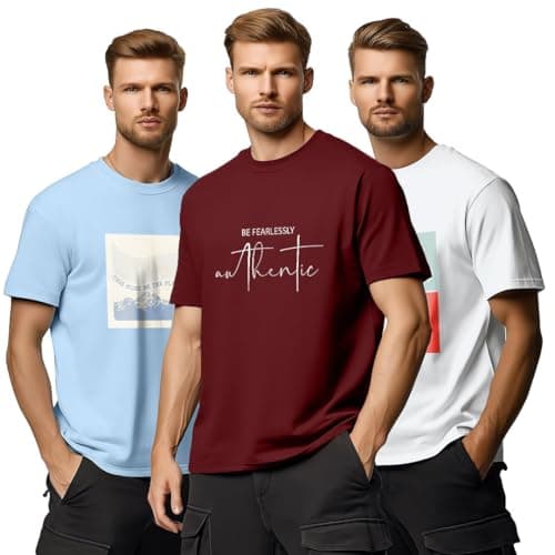 Nobero Men Regular Fit Printed T Shirt (Pack of 3)(1M-TWTS-C0946-214X4_Powder Blue/Wine Red / White_L)