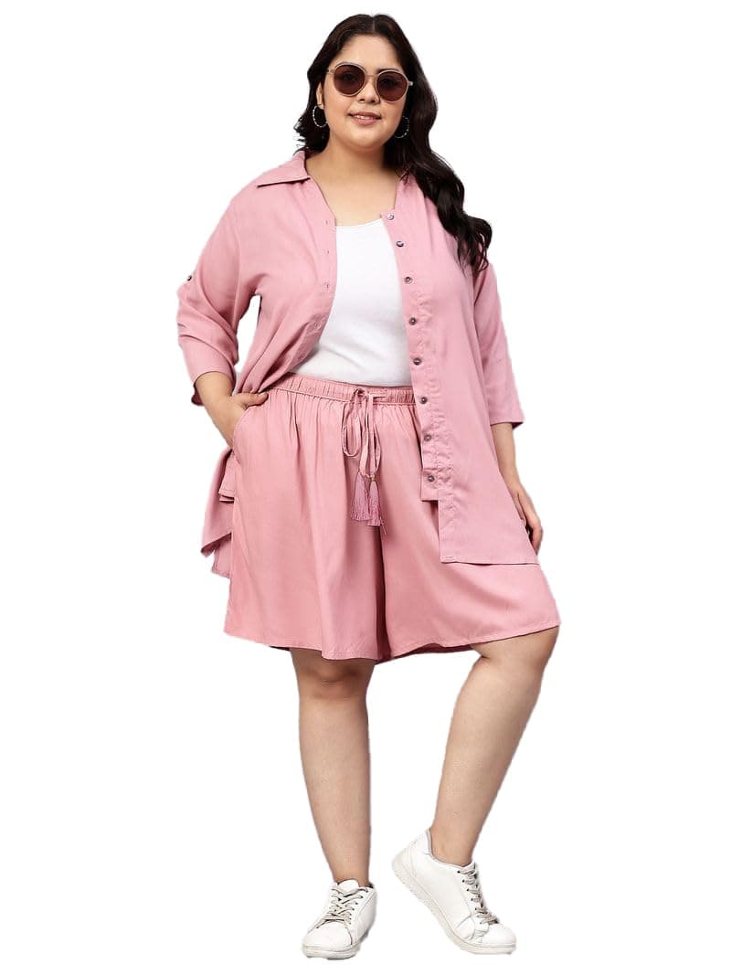 Indietoga Women's Plus Size Longline Shirt and Shorts Co-Ords Set (P10001532_Pink Solid_6XL)