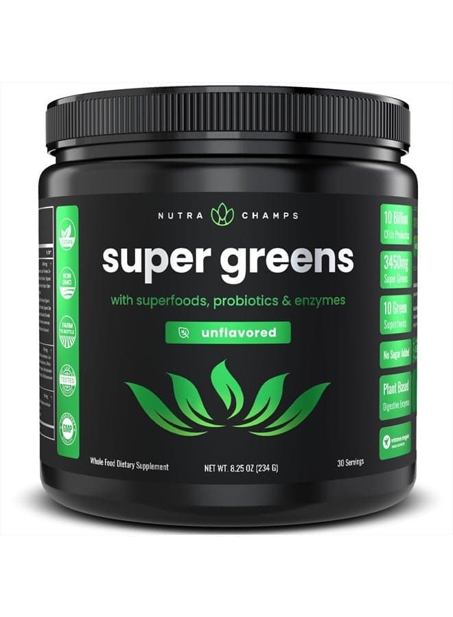 Super Greens Powder Premium Superfood | 20+ Organic Green Veggie Whole Foods | Wheat Grass, Spirulina, Chlorella | Antioxidant, Digestive Enzyme & Probiotic Blends (8.25 Oz, Unflavoured)