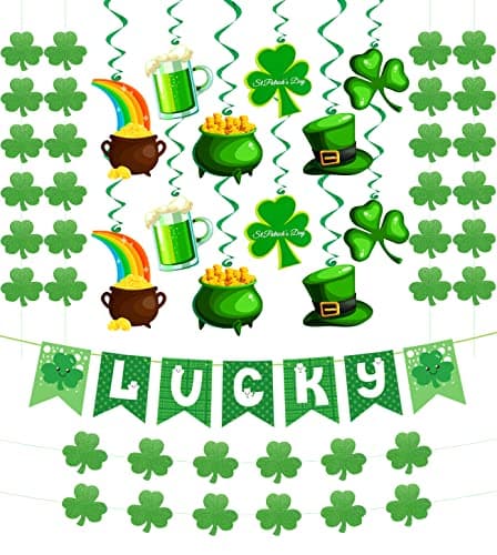 31Pcs St Patricks Day Decorations PreAssembled Shamrock Lucky Banner Garlands Clover Hanging Swirls Irish Decor for Home Saint Patrick Party Supplies