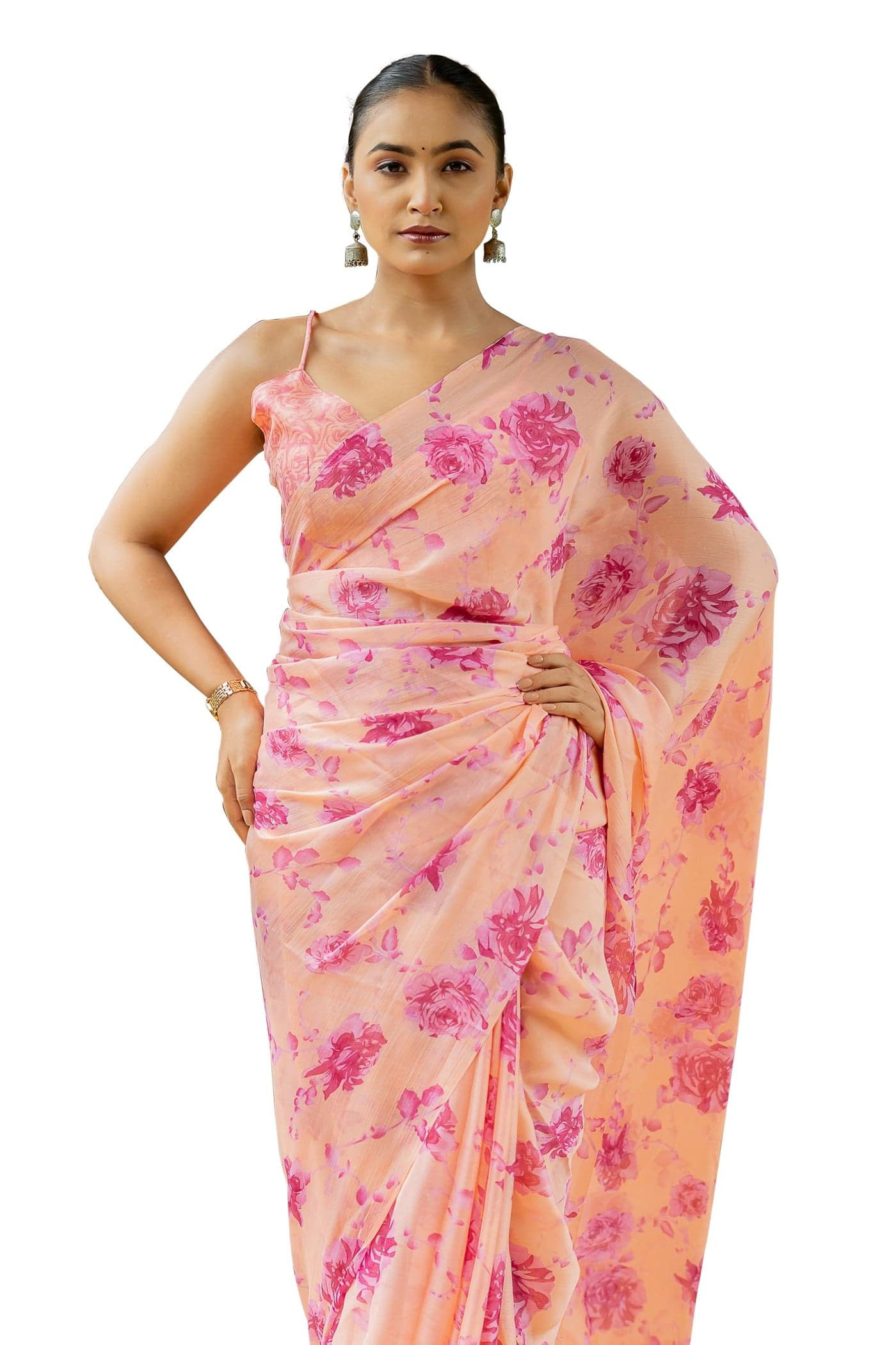 MIRCHI FASHION Chiffon Georgette Floral Printed Sarees for Women with Blouse Piece (42396-Light Peach, Pink)