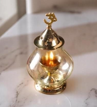 Ani Divine Elegant Brass Om Diya with Chimney Glass || Traditional Akhand Oil Lamp for Mandir, Spiritual Decor, Pooja Rituals