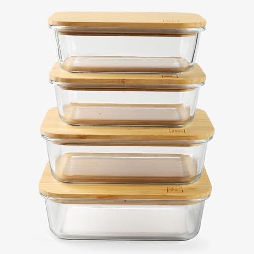 DE Glass Food Storage Containers with Bamboo Lids, (4, Pack 2 x 35oz & 2 x 51oz) Pack Meal Prep Glass Containers Safe for Microwave, Oven, Freezer and Dishwasher, BPA Free