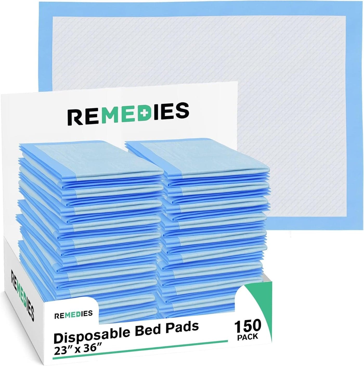 Remedies - Disposable Bed Pads for Adults, Seniors, Kids & Pet Training - 23" x 36" Large Bed Pads - 150 Count - Incontinence Underpads for Beds & Furniture, Puppy Pads, Dog Pee Pads, Dogs Chucks Pads