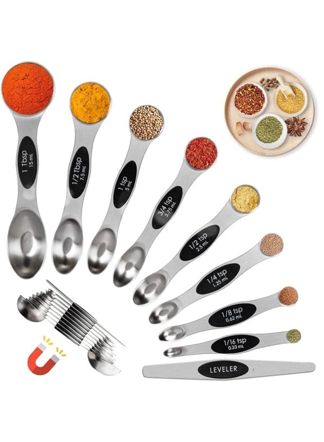 9PCS Stainless Steel Magnetic Measuring Spoons Double Ended Stackable Set with Leveler for Baking Cooking and Spice Jars