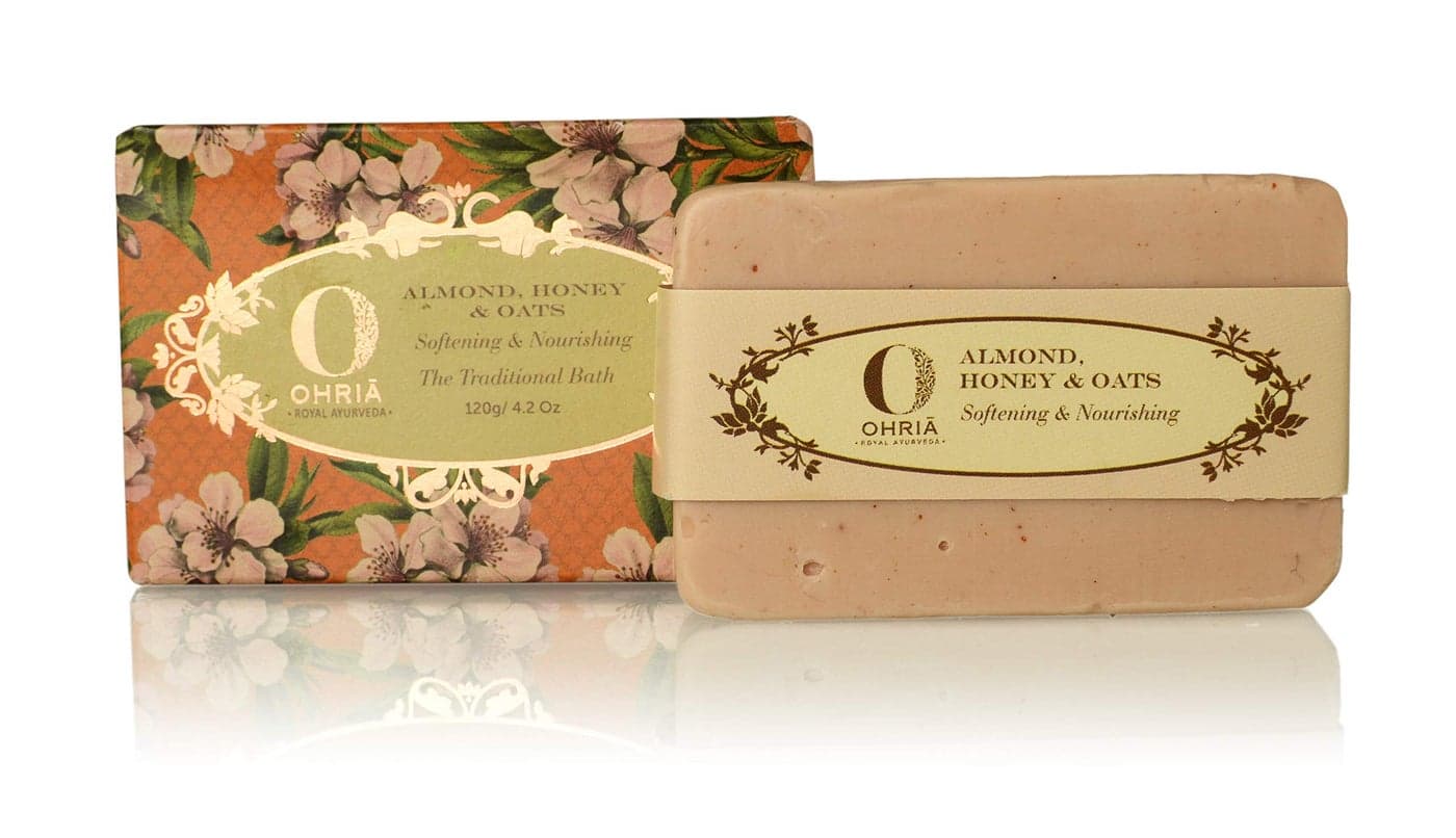 Ohria Ayurveda Almond, Honey, Goat Milk & Oats Bar Bathing Bar | Gentle Exfoliation, Deep Nourishment & Hydration | Softens, Revitalizes & Cleanses Skin |Ideal for All Skin Types | 120g | Natural & Skin-Friendly