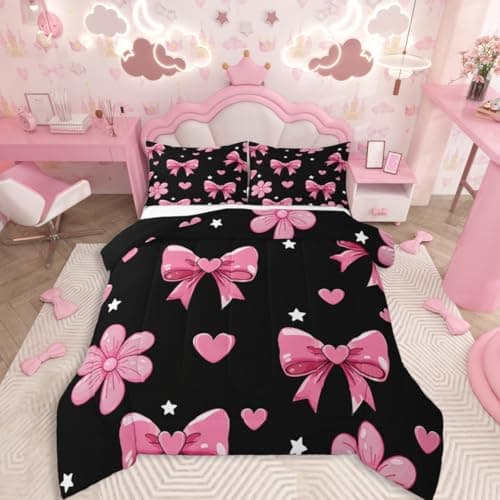 jejeloiu Bowknot Comforter Set All Season Black Pink Bedding Set with 1 Pillow Cases Pink Bow Microfiber Kids Twin Bedclothes Colourful Bowknot Bedroom Decor Duvet Quilt Breathable