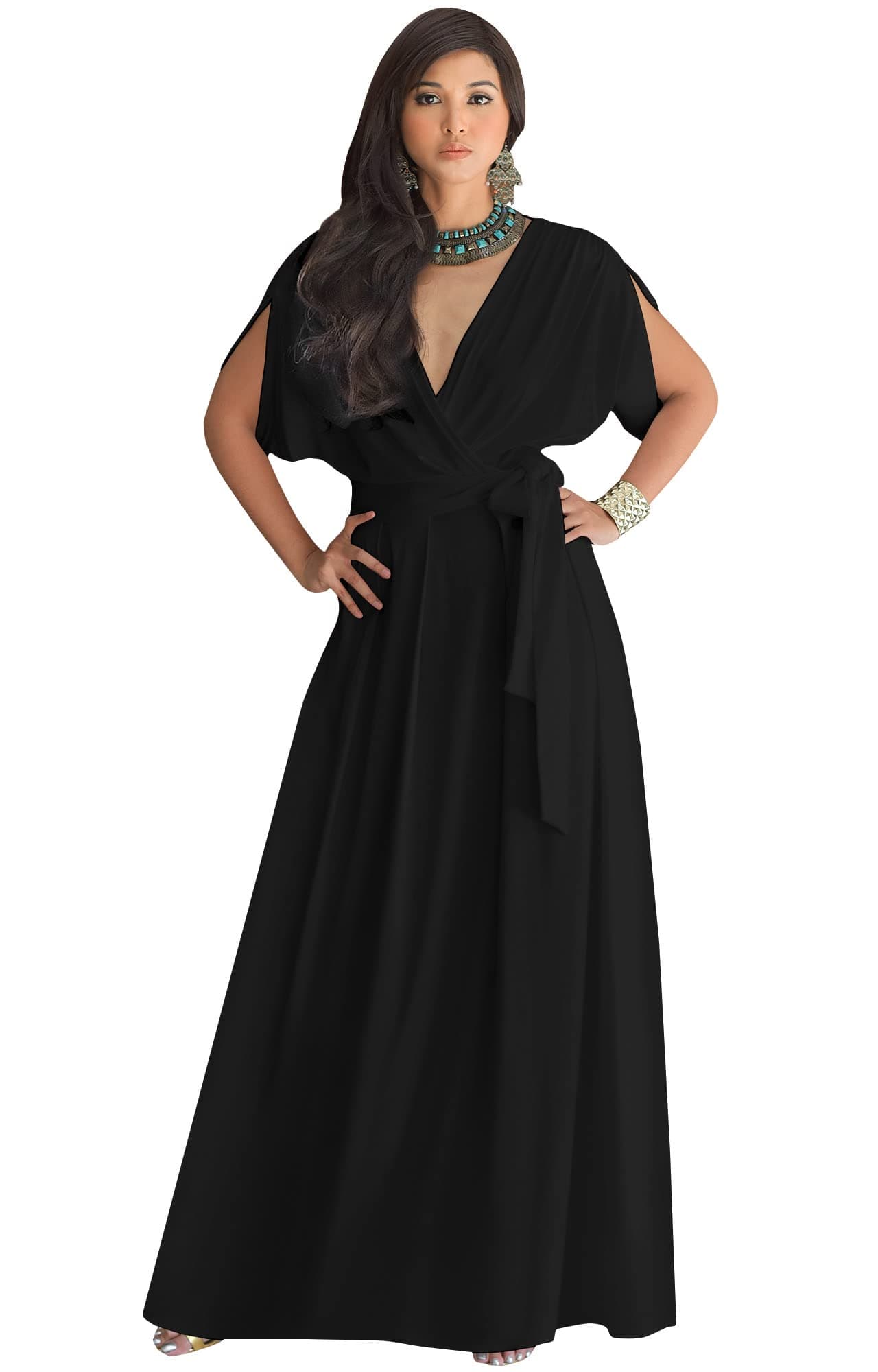 KOH KOH Plus Size Womens Long Formal Short Sleeve Cocktail Flowy V-Neck Casual Bridesmaid Wedding Party Guest Evening Cute Maternity Work Gown Gowns Maxi Dress Dresses, Black XL 14-16