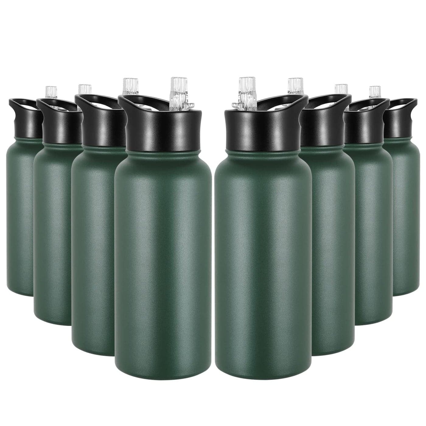 VQRRCKI 32 oz Insulated Water Bottle Bulk 8 Pack Stainless Steel Sports Water Bottles with Straw Lid Wide Mouth Lids Double Walled Vacuum Leak Proof Dark Green
