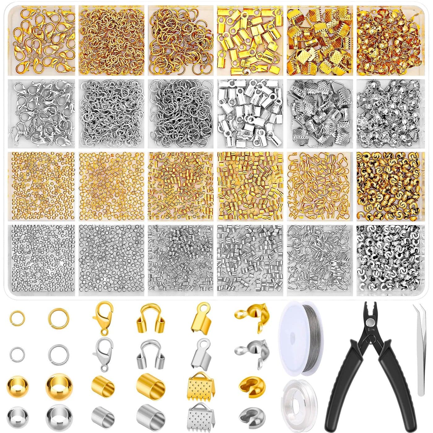2384Pcs Crimp Beads Supplies for Jewelry Making Including Crimp Bead Covers Crimp Tubes Bracelet Clasps and Closures Crimp Ends Jump Rings Crimping Pliers and Beading Wire for Bracelets Making