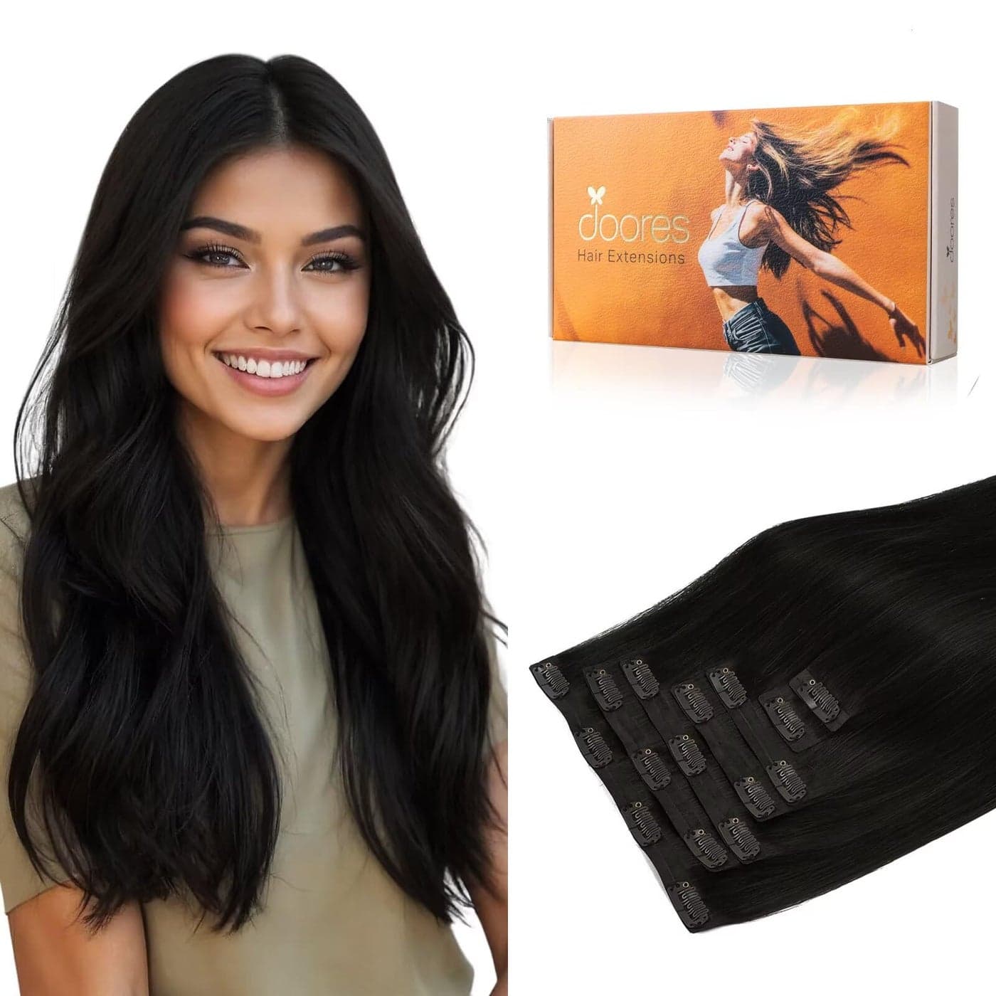 DOORES Human Hair Clip in Extensions Jet Black 110g 7pcs 14 Inch Seamless Clip in Hair Extensions Human Hair Extensions Clip in Straight Trick Hair Invisi Edge Hair Extensions Remy Natural Hair