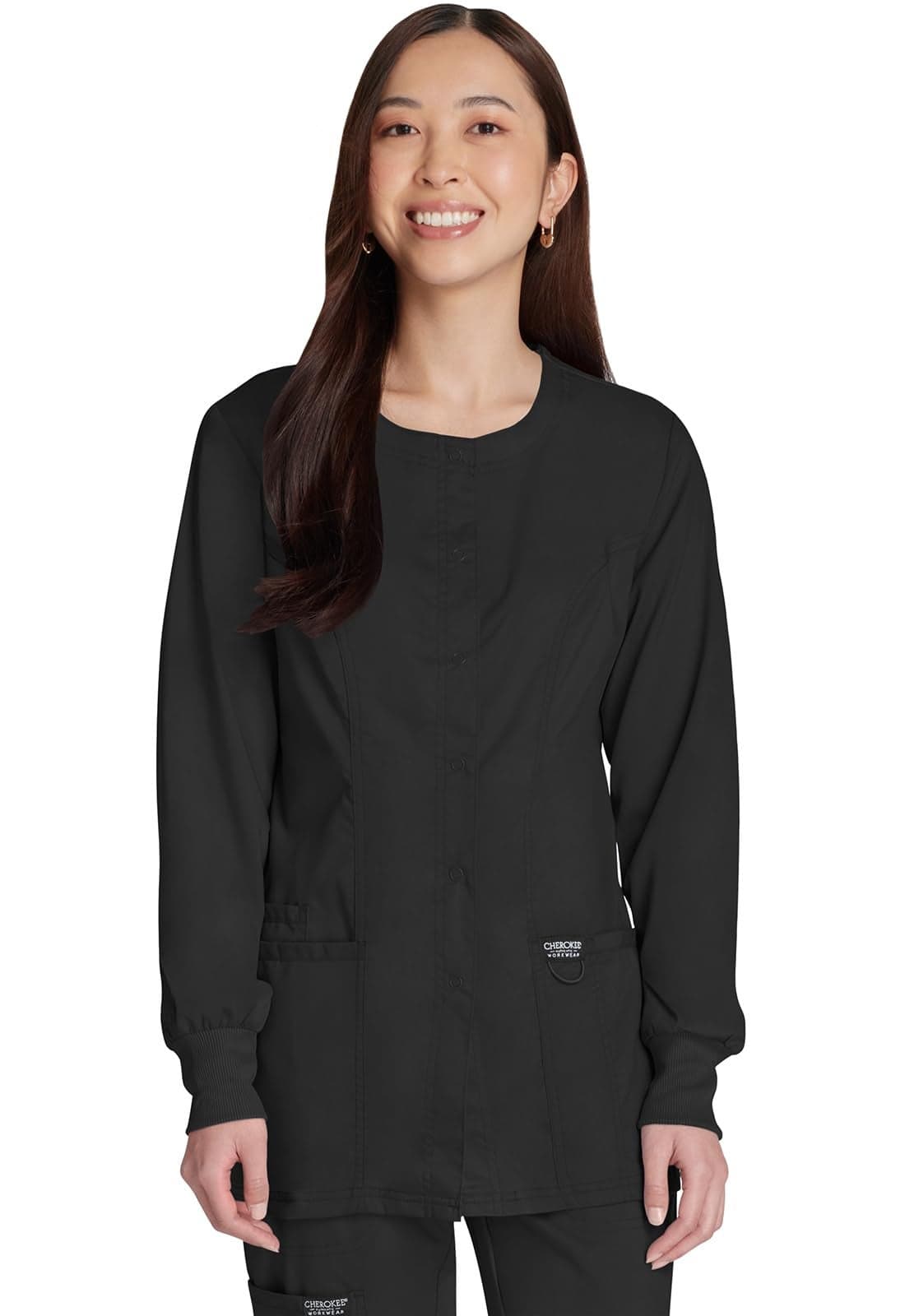 Snap Front Scrub Jackets for Women, Workwear Revolution Soft Stretch WW310, XL, Black