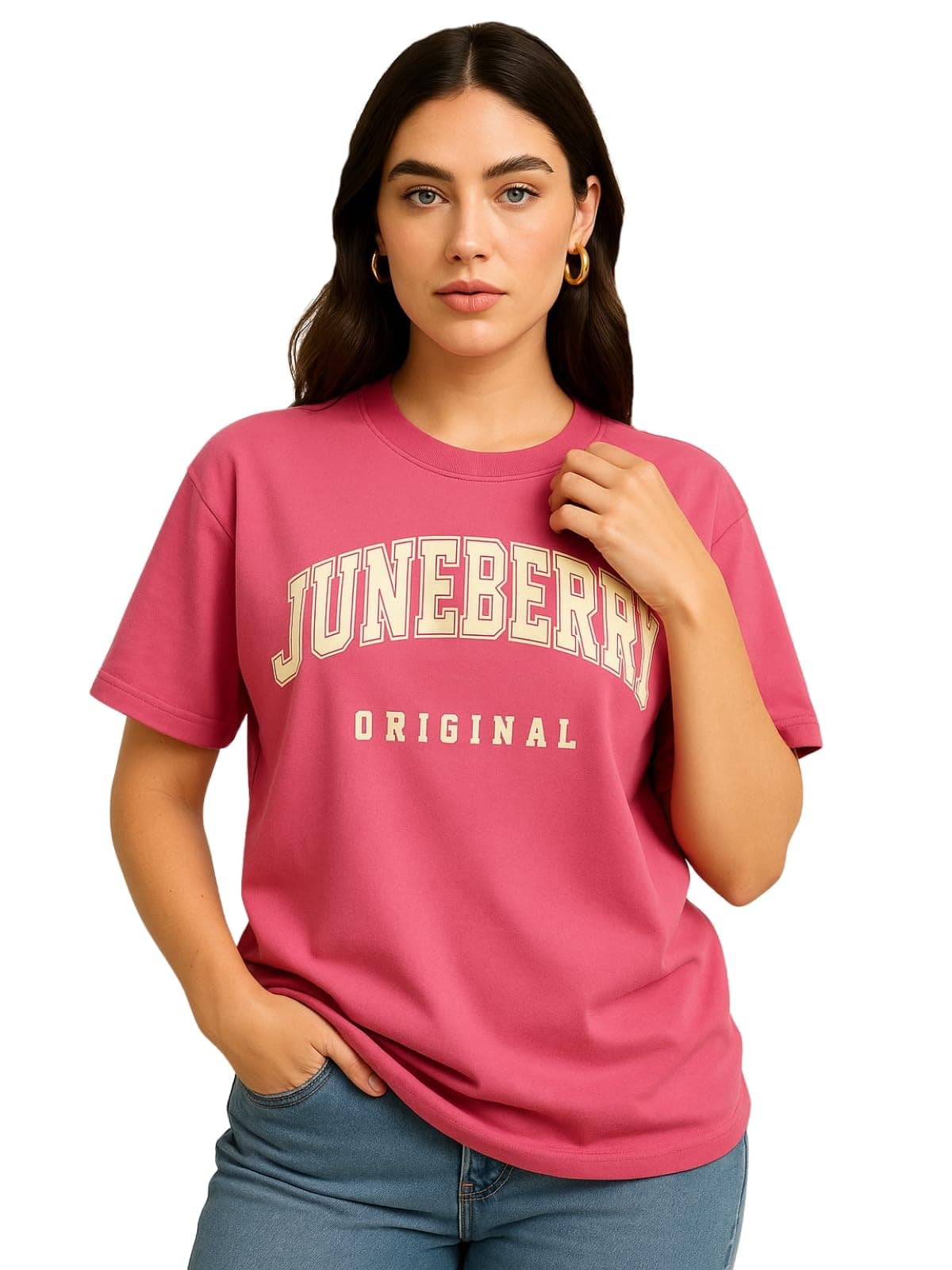 JUNEBERRY® 100% Pure Cotton Oversized Drop Shoulders Brand Logo Typography Print Round-Neck Relaxed Fit Pink T-Shirt for Women (JB_OS_100_JBORGNL_PNK74_XL)