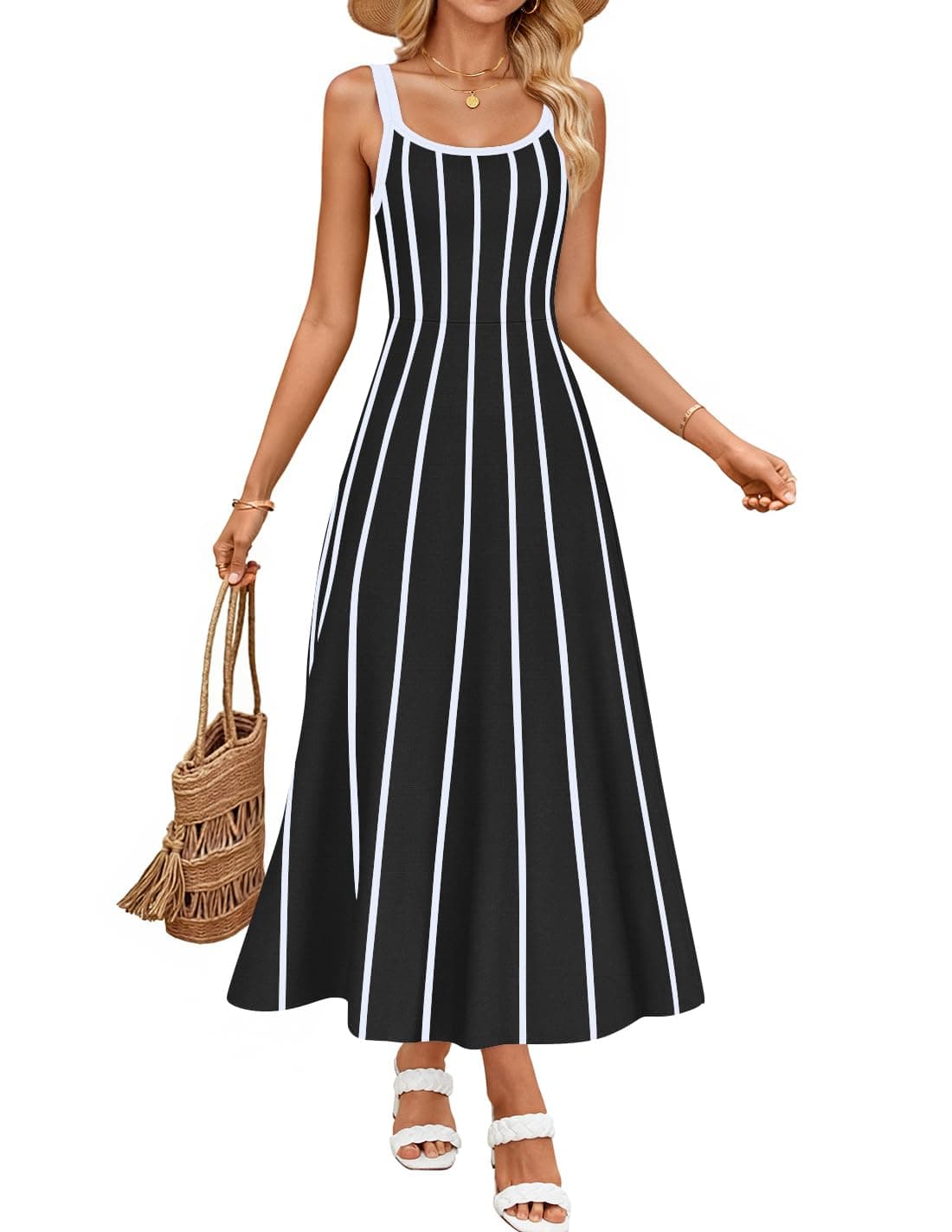 ZESICA Womens 2025 Summer Sleeveless Striped Midi Dresses Casual A Line Swing Knit Long Dress Beach Vacation ClothesBlackSmall