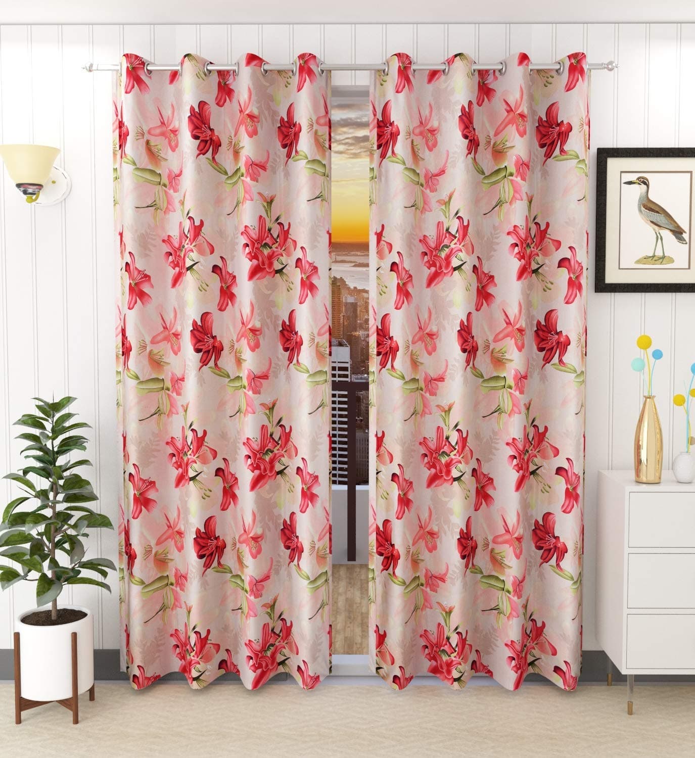 HOME UTSAV Digital Printed Floral Curtains Window 5 Feet Pack of 2 Maroon